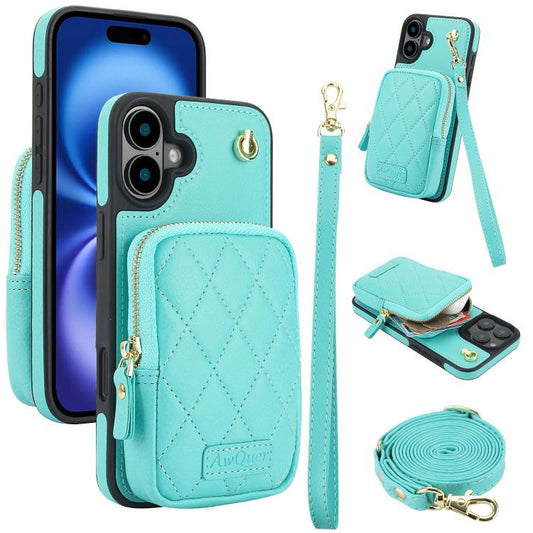 For iPhone 16 AwQuer Crossbody Zipper Wallet Bag Litchi Leather Phone Case(Mint Green) - iPhone 16 Cases by Awquer | Online Shopping UK | buy2fix