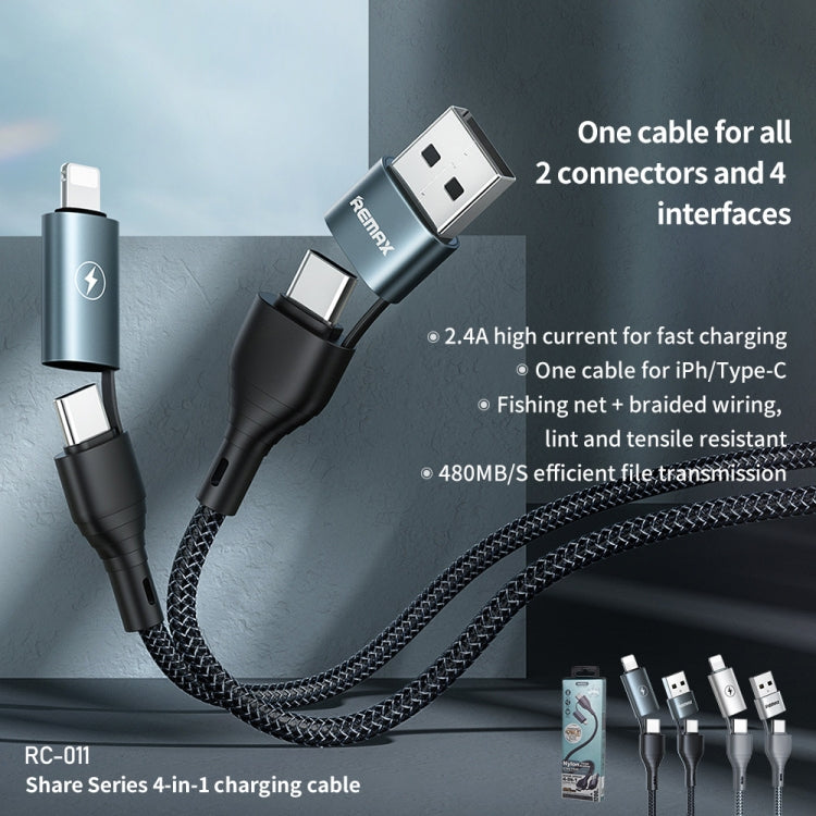 REMAX RC-011 1.2m 2.4A 4-in-1 USB to USB-C / Type-Cx2 + 8 Pin Fast Charging Data Cable(Black) - Multifunction Cable by REMAX | Online Shopping UK | buy2fix