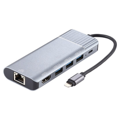 6 in 1 USB 2.0 x 3 + HDMI + RJ45 + 8 Pin Female Charging Port to 8 Pin Male Multi-function Dock Station Adapter - Converter & Adapter by buy2fix | Online Shopping UK | buy2fix