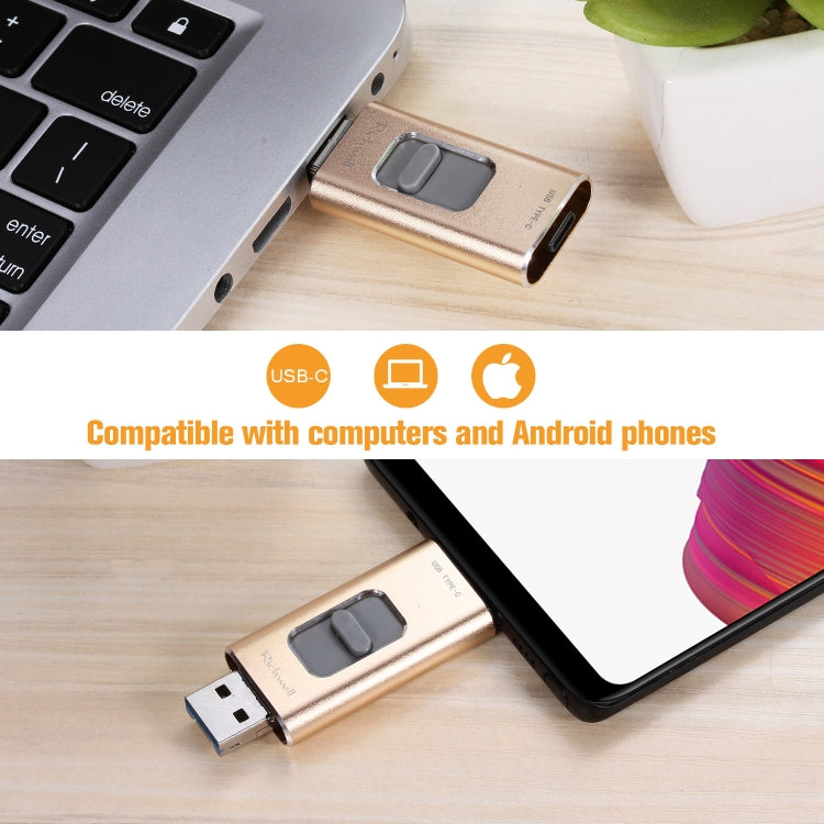 Richwell 3 in 1 16G Type-C + 8 Pin + USB 3.0 Metal Push-pull Flash Disk with OTG Function(Gold) - U Disk & Card Reader by Richwell | Online Shopping UK | buy2fix
