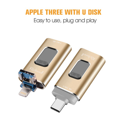 Richwell 3 in 1 64G Type-C + 8 Pin + USB 3.0 Metal Push-pull Flash Disk with OTG Function(Gold) - U Disk & Card Reader by Richwell | Online Shopping UK | buy2fix