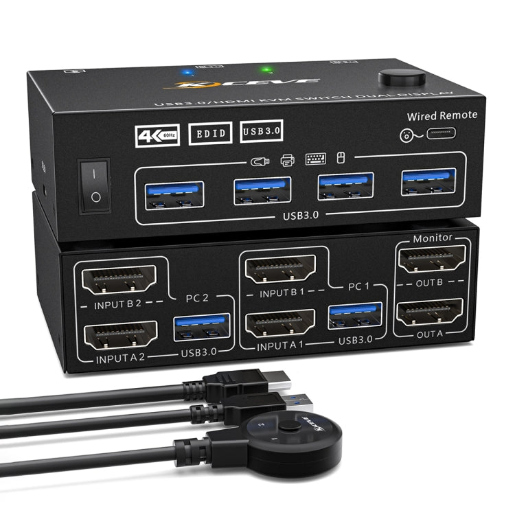 KC-KVM202AS 4K 60HZ USB3.0 HDMI Dual Display KVM Switcher Support EDID Analog Lock Screen - Switch by buy2fix | Online Shopping UK | buy2fix