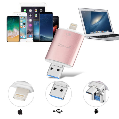 Richwell 3 in 1 128G Type-C + 8 Pin + USB 3.0 Metal Double Cover Push-pull Flash Disk with OTG Function(Rose Gold) - U Disk & Card Reader by Richwell | Online Shopping UK | buy2fix