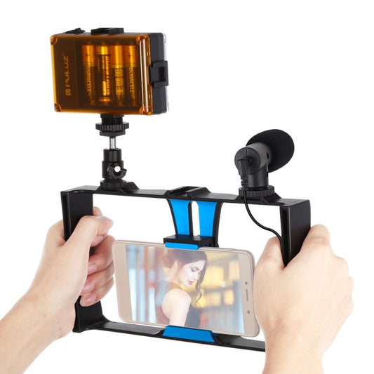 PULUZ 3 in 1 Vlogging Live Broadcast LED Selfie Light Smartphone Video Rig Kits with Microphone + Cold Shoe Tripod Head for iPhone, Galaxy, Huawei, Xiaomi, HTC, LG, Google, and Other Smartphones(Blue) - Camera Cage by PULUZ | Online Shopping UK | buy2fix