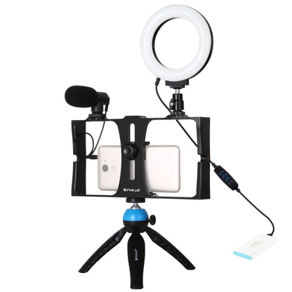 PULUZ 4 in 1 Vlogging Live Broadcast Smartphone Video Rig + 4.7 inch 12cm Ring LED Selfie Light Kits with Microphone + Tripod Mount + Cold Shoe Tripod Head for iPhone, Galaxy, Huawei, Xiaomi, HTC, LG, Google, and Other Smartphones(Blue) - Camera Cage by PULUZ | Online Shopping UK | buy2fix