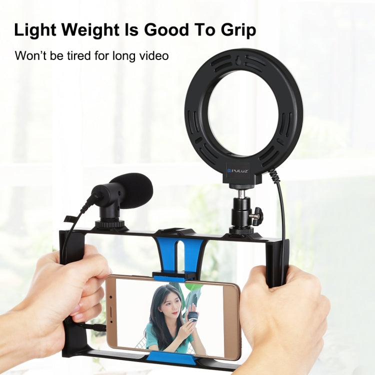 PULUZ 4 in 1 Vlogging Live Broadcast Smartphone Video Rig + 4.7 inch 12cm Ring LED Selfie Light Kits with Microphone + Tripod Mount + Cold Shoe Tripod Head for iPhone, Galaxy, Huawei, Xiaomi, HTC, LG, Google, and Other Smartphones(Blue) - Camera Cage by PULUZ | Online Shopping UK | buy2fix