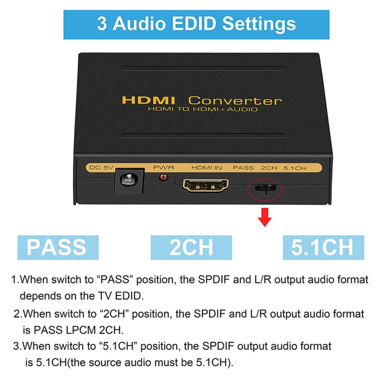 HDMI to HDMI + Audio (SPDIF + R/L) Converter (EU Plug)(Black) - Converter by buy2fix | Online Shopping UK | buy2fix