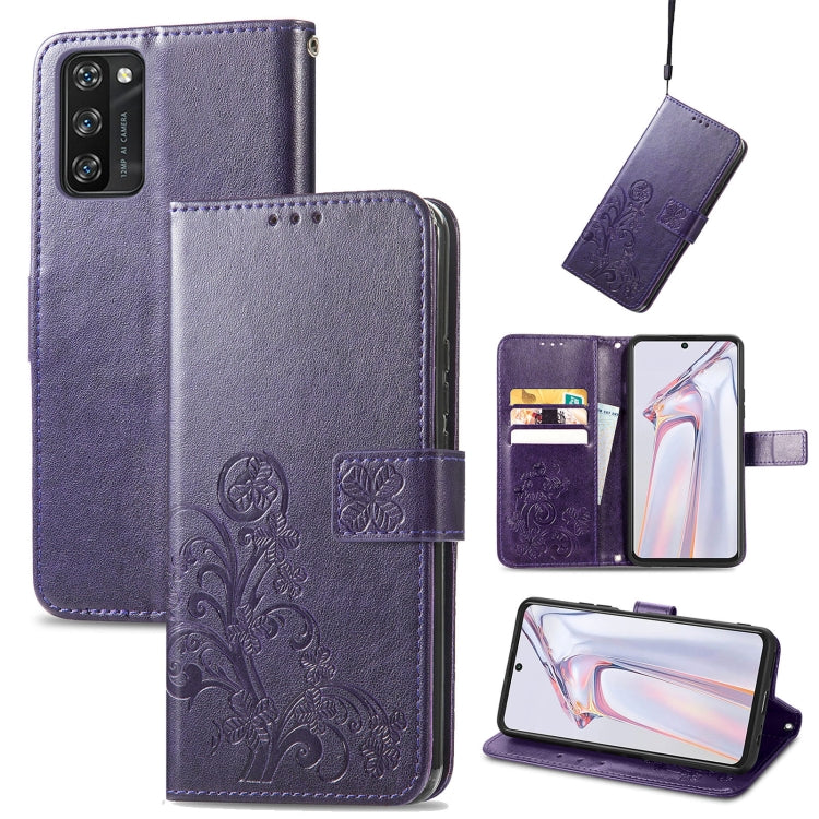 For Blackview A100 Four-leaf Clasp Embossed Buckle Mobile Phone Protection Leather Case with Lanyard & Card Slot & Wallet & Bracket Function(Purple) - More Brand by buy2fix | Online Shopping UK | buy2fix