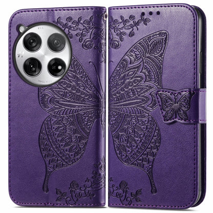 For OnePlus 12 Butterfly Love Flower Embossed Leather Phone Case(Dark Purple) - OnePlus Cases by buy2fix | Online Shopping UK | buy2fix