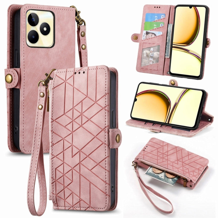 For Realme C53 Geometric Zipper Wallet Side Buckle Leather Phone Case(Pink) - Realme Cases by buy2fix | Online Shopping UK | buy2fix