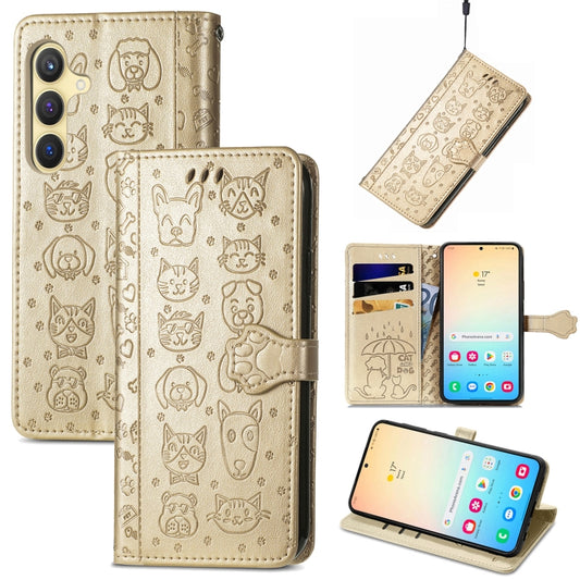 For Samsung Galaxy S25+ 5G Cat and Dog Embossed Leather Phone Case(Gold) - Galaxy S25+ 5G Cases by buy2fix | Online Shopping UK | buy2fix