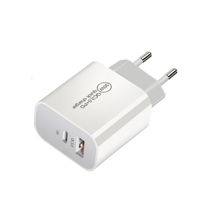 PD30W USB-C / Type-C + QC3.0 USB Dual Port Charger with 1m Type-C to 8 Pin Data Cable, EU Plug - USB Charger by buy2fix | Online Shopping UK | buy2fix