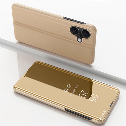 For iPhone 16 Plated Mirror Horizontal Flip Leather Phone Case with Holder(Gold) - iPhone 16 Cases by buy2fix | Online Shopping UK | buy2fix