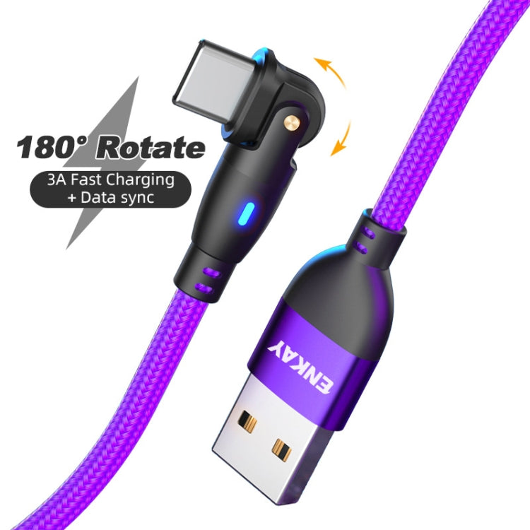 ENKAY 180 Degrees Rotating USB to Type-C 3A Fast Charging Data Cable with LED Light, Length:1m(Purple) - USB-C & Type-C Cable by ENKAY | Online Shopping UK | buy2fix