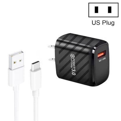 TE-005 QC3.0 18W USB Fast Charger with 1m 3A USB to Type-C Cable, US Plug(Black) - USB Charger by buy2fix | Online Shopping UK | buy2fix