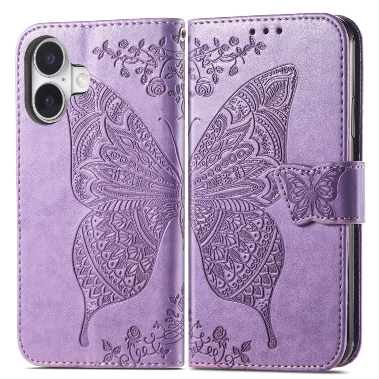 For iPhone 16 Butterfly Love Flower Embossed Leather Phone Case(Lavender) - iPhone 16 Cases by buy2fix | Online Shopping UK | buy2fix