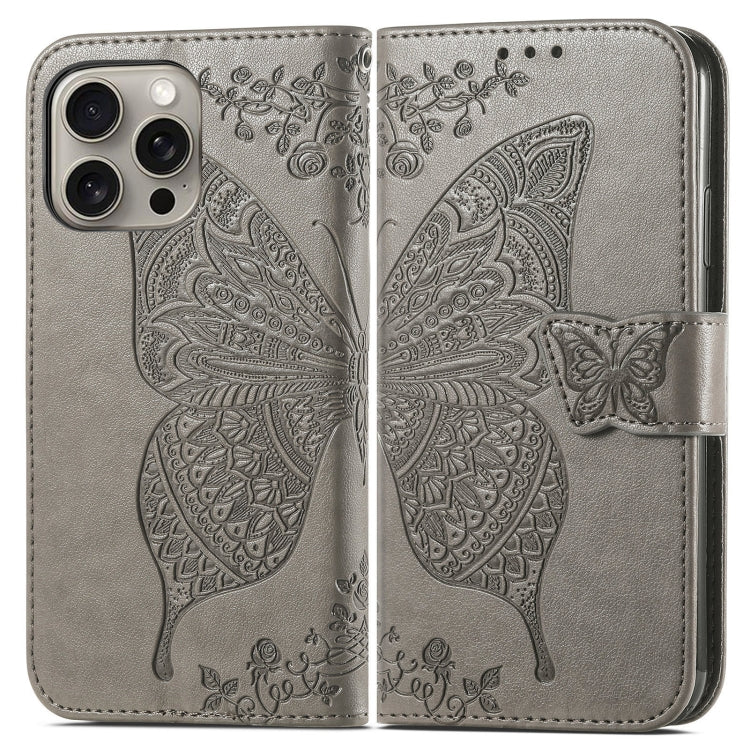 For iPhone 16 Pro Max Butterfly Love Flower Embossed Leather Phone Case(Gray) - iPhone 16 Pro Max Cases by buy2fix | Online Shopping UK | buy2fix