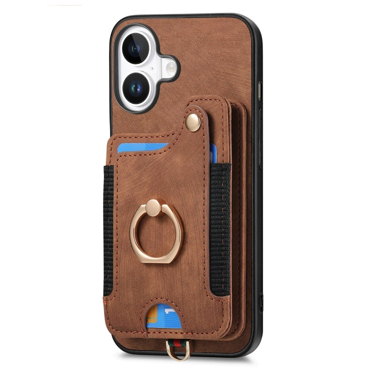 For iPhone 16 Retro Skin-feel Ring Multi-card Wallet Phone Case(Brown) - iPhone 16 Cases by buy2fix | Online Shopping UK | buy2fix