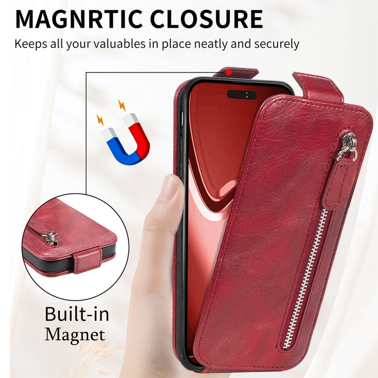 For iPhone 16 Zipper Wallet Vertical Flip Leather Phone Case(Red) - iPhone 16 Cases by buy2fix | Online Shopping UK | buy2fix