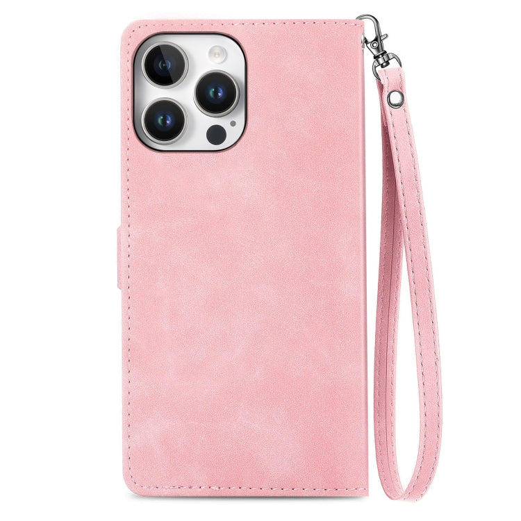 For iPhone 16 Pro Max Embossed Flower Zipper Leather Phone Case(Pink) - iPhone 16 Pro Max Cases by buy2fix | Online Shopping UK | buy2fix