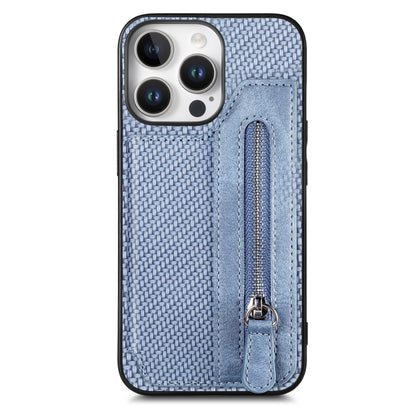 For iPhone 16 Pro Carbon Fiber Horizontal Flip Zipper Wallet Phone Case(Blue) - iPhone 16 Pro Cases by buy2fix | Online Shopping UK | buy2fix