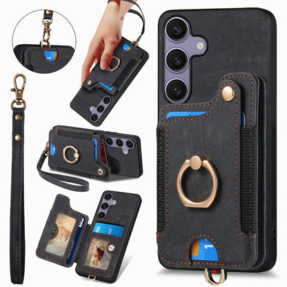 For Samsung Galaxy S25 5G Retro Skin-feel Ring Multi-card Wallet Phone Case(Black) - Galaxy S25 5G Cases by buy2fix | Online Shopping UK | buy2fix