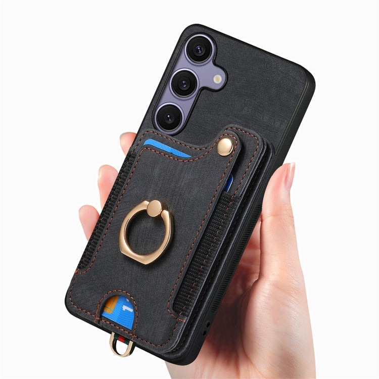 For Samsung Galaxy S25 5G Retro Skin-feel Ring Multi-card Wallet Phone Case(Black) - Galaxy S25 5G Cases by buy2fix | Online Shopping UK | buy2fix