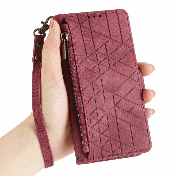 For Xiaomi Redmi 13C 5G Geometric Zipper Wallet Side Buckle Leather Phone Case(Red) - Xiaomi Cases by buy2fix | Online Shopping UK | buy2fix