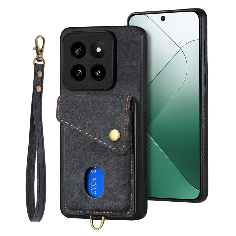 For Xiaomi 14 Pro Retro Card Wallet Fold Leather Phone Case with Strap(Black) - 14 Pro Cases by buy2fix | Online Shopping UK | buy2fix