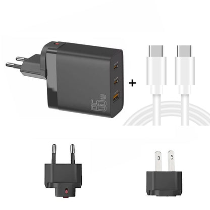 GAN 65W PD45W Dual Type-C / QC3.0 USB  Multi Compatible Charger + 2m USB-C to USB-C Data Cable EU + US Plug Black - Cable & Adapter by buy2fix | Online Shopping UK | buy2fix