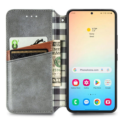 For Samsung Galaxy S25 5G Cubic Grid Pressed Magnetic Leather Phone Case(Gray) - Galaxy S25 5G Cases by buy2fix | Online Shopping UK | buy2fix