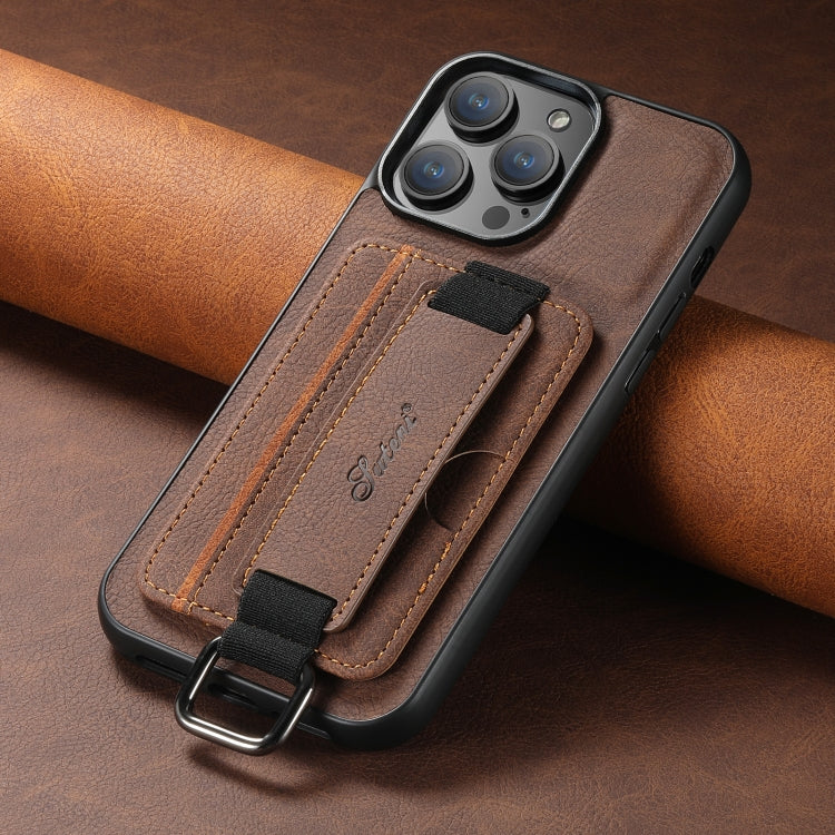 For iPhone 15 Pro Max Suteni H13 Litchi Leather Wrist Strap Wallet Back Phone Case(Brown) - iPhone 15 Pro Max Cases by Suteni | Online Shopping UK | buy2fix