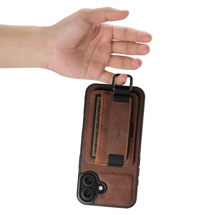 For iPhone 16 Plus Suteni H13 Litchi Leather Wrist Strap Wallet Back Phone Case(Brown) - iPhone 16 Plus Cases by Suteni | Online Shopping UK | buy2fix