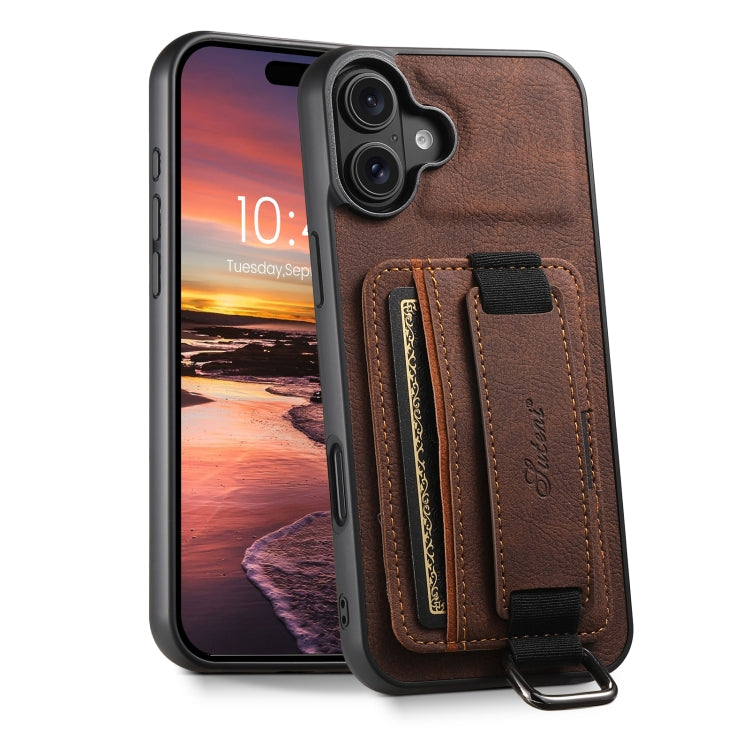 For iPhone 16 Suteni H13 Litchi Leather Wrist Strap Wallet Back Phone Case(Brown) - iPhone 16 Cases by Suteni | Online Shopping UK | buy2fix