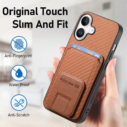 For iPhone 16 Carbon Fiber Card Bag Fold Stand Phone Case(Brown) - iPhone 16 Cases by buy2fix | Online Shopping UK | buy2fix