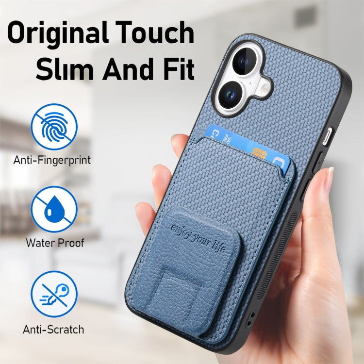 For iPhone 16 Plus Carbon Fiber Card Bag Fold Stand Phone Case(Blue) - iPhone 16 Plus Cases by buy2fix | Online Shopping UK | buy2fix