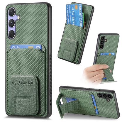 For Samsung Galaxy S25 5G Carbon Fiber Card Bag Fold Stand Phone Case(Green) -  by buy2fix | Online Shopping UK | buy2fix