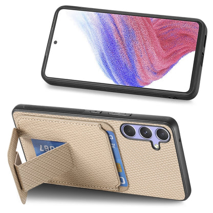 For Samsung Galaxy S25+ 5G Carbon Fiber Card Bag Fold Stand Phone Case(Khaki) - Galaxy S25+ 5G Cases by buy2fix | Online Shopping UK | buy2fix