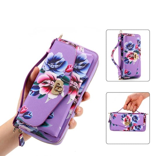 For iPhone 13 Pro MagSafe Flower Multi-functional Crossbody Zipper Wallet Leather Phone Case(Purple) - iPhone 13 Pro Cases by buy2fix | Online Shopping UK | buy2fix