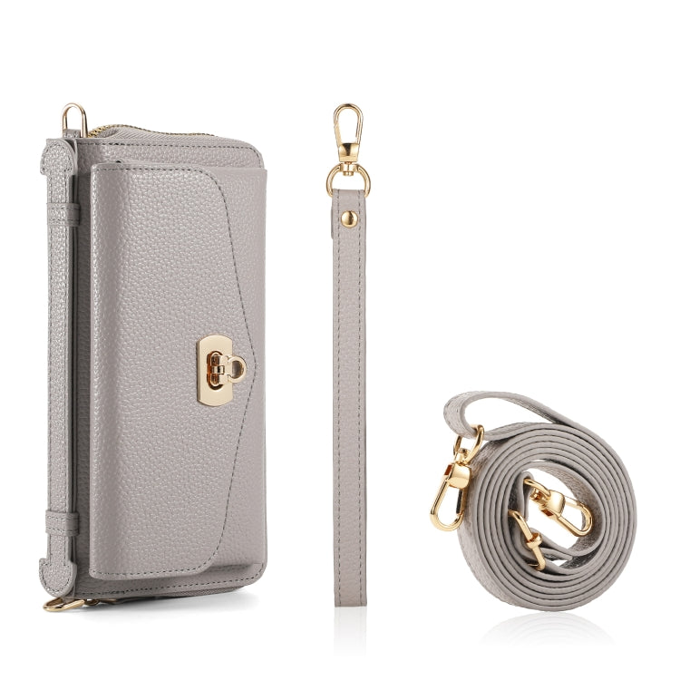 For iPhone 14 Plus MagSafe Crossbody Multi-functional Zipper Wallet Litchi Leather Phone Case(Grey) - iPhone 14 Plus Cases by buy2fix | Online Shopping UK | buy2fix