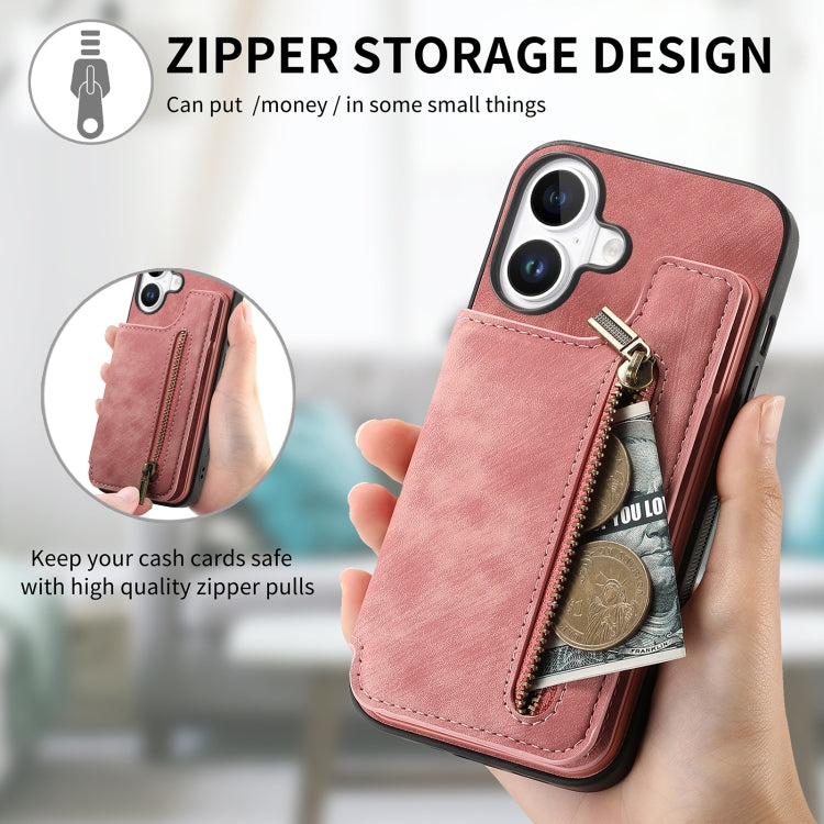 For iPhone 16 Retro Leather Zipper Wallet Back Phone Case(Pink) - More iPhone Cases by buy2fix | Online Shopping UK | buy2fix