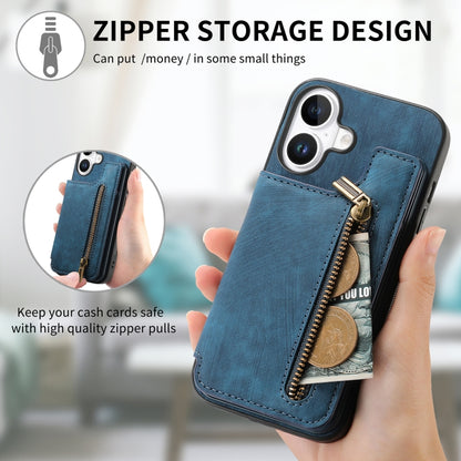 For iPhone 16 Plus Retro Leather Zipper Wallet Back Phone Case(Blue) - More iPhone Cases by buy2fix | Online Shopping UK | buy2fix