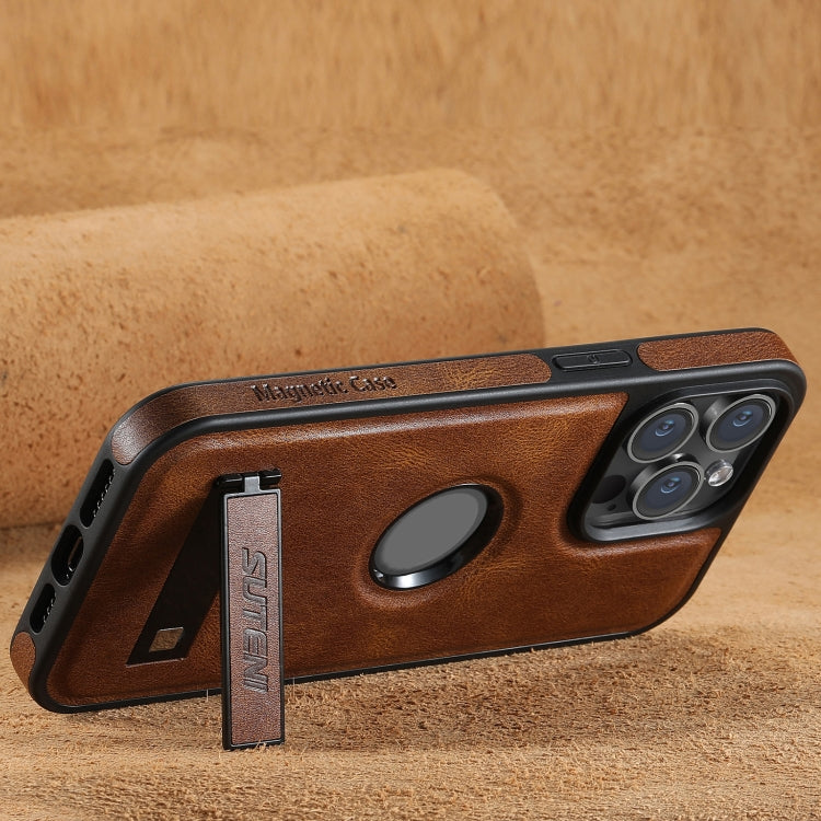 For iPhone 14 Pro Max Suteni G2 Magsafe Oil Wax Leather Back Phone Case with Holder(Brown) - iPhone 14 Pro Max Cases by Suteni | Online Shopping UK | buy2fix