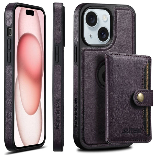 For iPhone 15 Plus Suteni M1 Oil Wax MagSafe Detachable Horizontal Card Bag Phone Case(Purple) - iPhone 15 Plus Cases by Suteni | Online Shopping UK | buy2fix