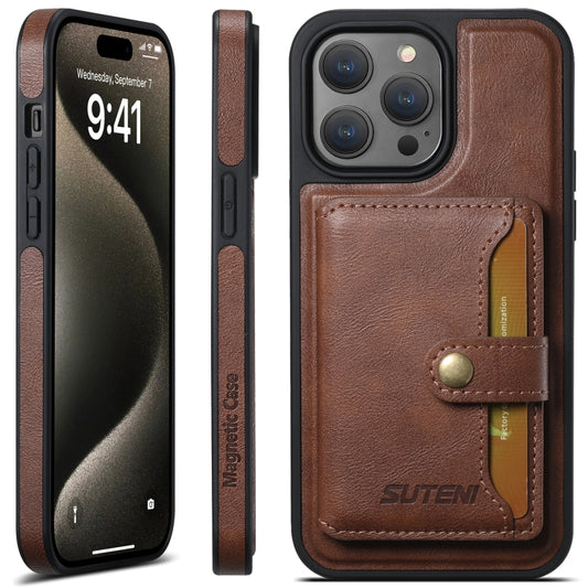 For iPhone 16 Pro Suteni M1 Oil Wax MagSafe Detachable Horizontal Card Bag Phone Case(Brown) - iPhone 16 Pro Cases by Suteni | Online Shopping UK | buy2fix