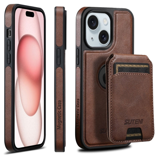 For iPhone 15 Plus Suteni M2 Oil Wax MagSafe Horizontal Card Bag Phone Case(Brown) - iPhone 15 Plus Cases by Suteni | Online Shopping UK | buy2fix