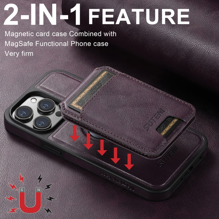 For iPhone 16 Plus Suteni M2 Oil Wax MagSafe Horizontal Card Bag Phone Case(Purple) - iPhone 16 Plus Cases by Suteni | Online Shopping UK | buy2fix