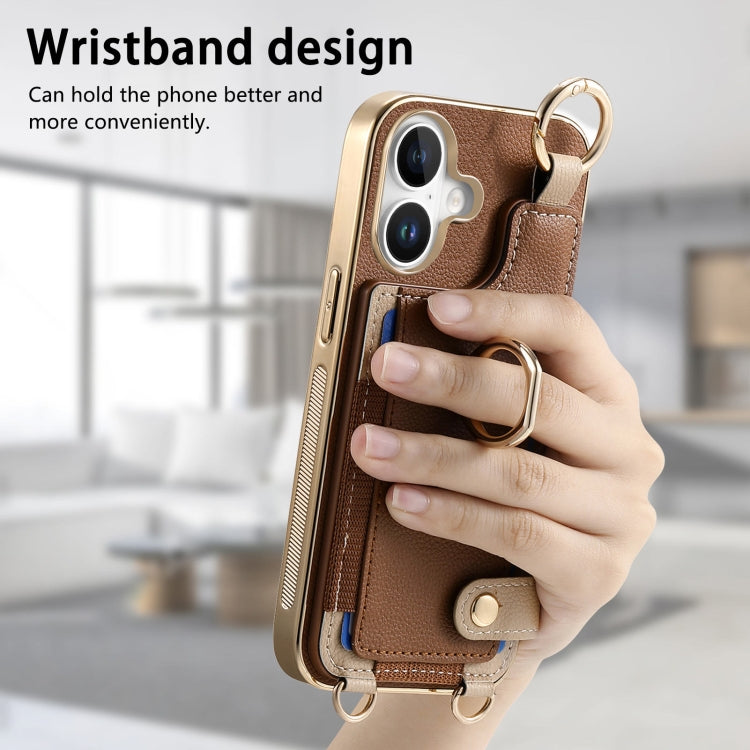 For iPhone 16 Fashion Ring Card Bag Phone Case with Hang Loop(Brown) - iPhone 16 Cases by buy2fix | Online Shopping UK | buy2fix