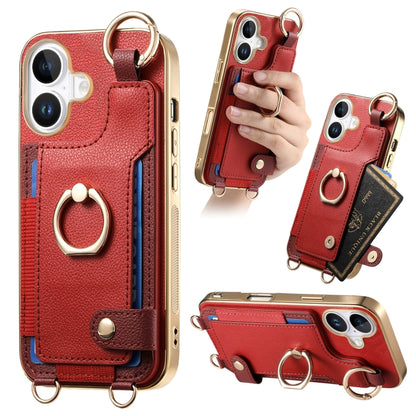 For iPhone 16 Plus Fashion Ring Card Bag Phone Case with Hang Loop(Red) - iPhone 16 Plus Cases by buy2fix | Online Shopping UK | buy2fix