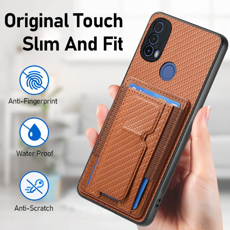 For Motorola Moto G Stylus 5G 2024 Carbon Fiber Fold Stand Elastic Card Bag Phone Case(Brown) - Motorola Cases by buy2fix | Online Shopping UK | buy2fix